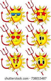 Cartoon devil sun with pitchfork. Collection with various facial expressions. Vector set.
