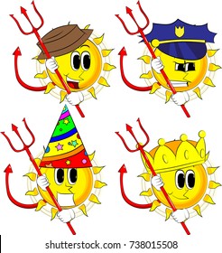 Cartoon devil sun with pitchfork. Collection with costume. Expressions vector set.
