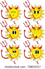 Cartoon devil sun with pitchfork. Collection with sad faces. Expressions vector set.