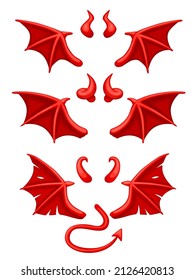 Cartoon devil wings. Tail demon monster horns, red evil wing, hell costume bad character, mischief satan, religion elements, set flat isolated vector. Illustration of hell devil with tail and horns