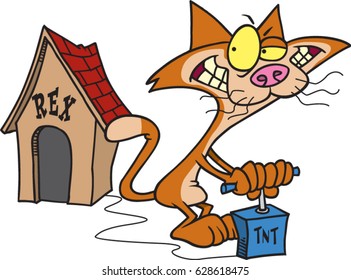 cartoon devious cat trying to blow up a dog house