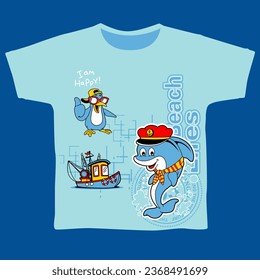 Cartoon dholpin sailing on the sea, children's clothing design vector illustration