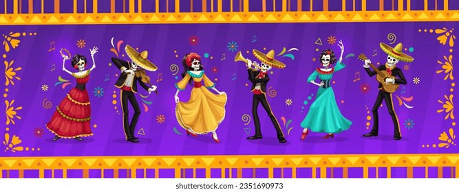 Cartoon dia de los muertos dead day skeleton mariachi musicians and Catrin dancer characters. Vector Mexican folk personages wear traditional costumes dancing and playing guitar, violin or trumpet