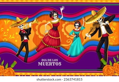 Cartoon dia de los muertos day of the dead mexican holiday paper cut banner. Catrin and mariachi skeletons wear traditional costumes dancing and playing violin or trumpet inside of 3d vector frame