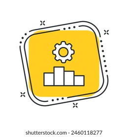 Cartoon diagram with gear icon vector illustration. Cogwheel on isolated yellow square background. Graphic sign concept.