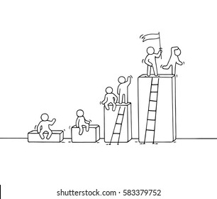 Cartoon diagram with working little people. Doodle cute miniature teamwork. Hand drawn vector illustration for business design and infographic.