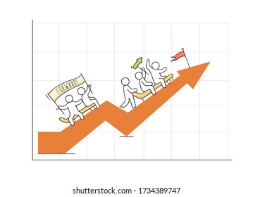 Cartoon diagramm with working little people. Doodle cute miniature teamwork. Hand drawn vector illustration for business design and infographic.