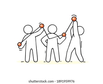 Cartoon diagramm with working little people. Doodle cute miniature teamwork. Hand drawn vector illustration for business design and infographic.