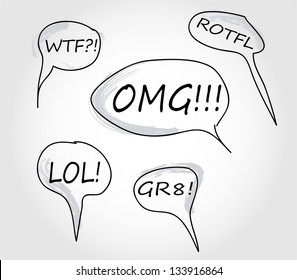 Cartoon dialog clouds with common used acronyms and abbreviations