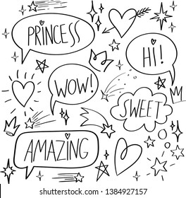 Cartoon dialogs cloud with princess elements. Set of think and talk speech bubbles for messages and dialog words. Doodle style clouds, hearts, stars, crowns