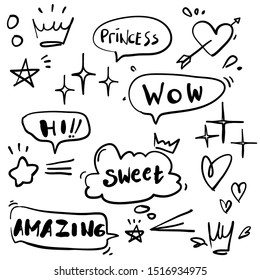 Cartoon dialogs cloud with princess elements doodle style