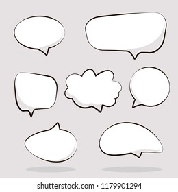 Cartoon dialogs cloud. Set of think and talk speech bubbles for messages and dialog words. Doodle style comic balloon, cloud shape design elements.