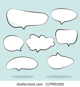 Cartoon dialogs cloud. Set of think and talk speech bubbles for messages and dialog words. Doodle style comic balloon, cloud shape design elements.