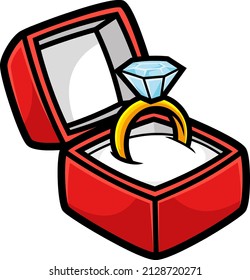 Caricatura del anillo de compromiso de diamantes en caja. Ilustración dibujada a mano vectorial aislada en fondo blanco