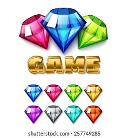 Cartoon Diamond Shaped Gem Icons Set With Gold Lettering Game. Isolated On White Background Vector Elements