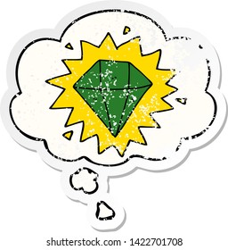 Cartoon-Diamant mit Denkblase als bedrückter abgenutzter Aufkleber