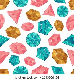 Cartoon diamonds icons in seamless pattern, vector illustration on white background. Endless texture with jewelry crystal gemstones for textile prints.