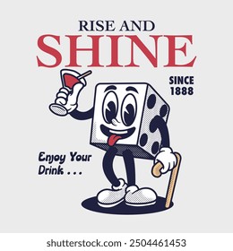 cartoon dice drinking and carrying stick Retro