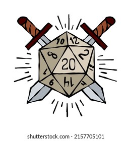 Cartoon dice for fantasy dnd and rpg Board game. Outline cartoon with medieval sword. svg