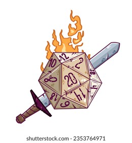 Cartoon dice for fantasy dnd and rpg Board game. Outline cartoon with medieval sword, magic fire