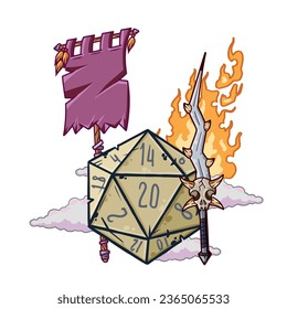 Los dados de la caricatura para juego de tablero de fantasía y rpg. Esbozo de caricatura con espada medieval, fuego mágico y bandera.