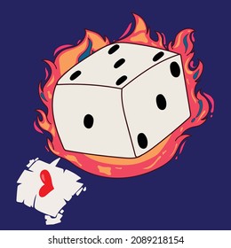 dados de caricatura en el fuego sobre fondo azul oscuro