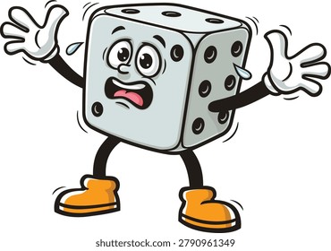 Cartoon dice mascot is panicking and scared