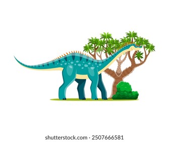 Cartoon dicraeosaurus prehistoric dinosaur character. Isolated vector blue dino animal standing beside trees and bushes in a Jurassic era landscape. Ancient reptile with long neck, tail and spikes