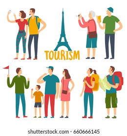 Cartoon different age tourists set. People traveling. Sightseeing vector illustration