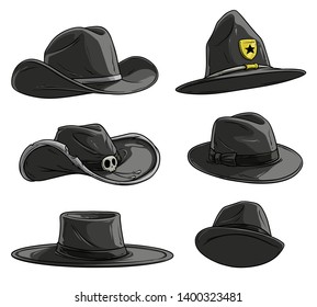 Cartoon Different Black Caps And Hats. Old And Retro. Cowboys, Sheriff And Rangers. Mexican And Mafia. Isolated On White Background. Vector Icon Set.