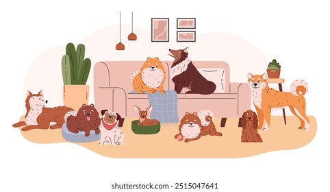 Cartoon different breeds dogs in the living room. Happy friendly canine purebred animals on the coach. Cute Spitz, collie, pug, corgi, poodle, husky and chihuahua pets. Veterinary and grooming service