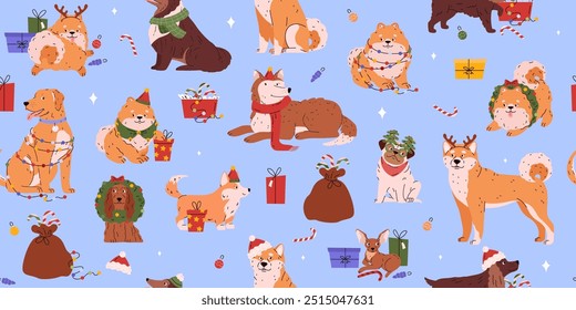 Cartoon different breeds dogs on vector seamless pattern. Cute Spitz, collie, pug, corgi, husky and chihuahua pets decorated with Christmas and New year festive garland, trees, red hat, gift