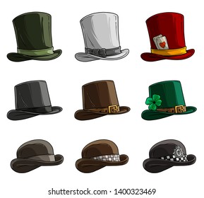 Cartoon different caps and hats. Old and retro. Gentlemans and Magicians. Policemens and Irish. Isolated on white background. Vector icon set.