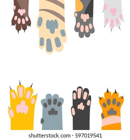 Cartoon Different Cat Paw Card Background. Concept Care about Domestic Pet Flat Design Style Vector illustration