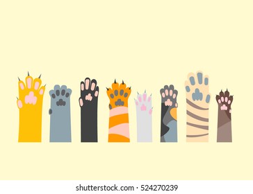 Cartoon Different Cat Paw Set. Flat Design Style. Game with Pet and Care Vector illustration