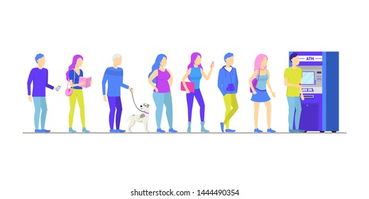 Cartoon Different Characters People in Atm Queue Finance Service Concept. Vector illustration of Group Male and Female Persons