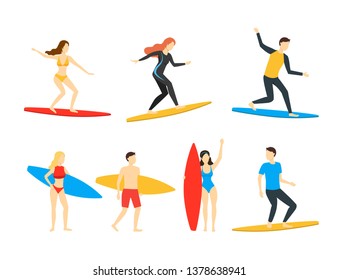 Cartoon Different Characters People Surfers Set Surf Activity, Extreme Leisure Concept Flat Design. Vector illustration of Man and Woman