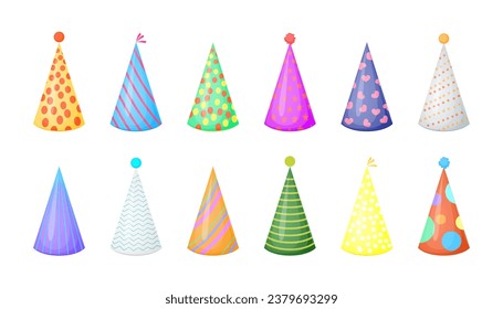 Cartoon Different Color Birthday Party Hats Icon Set Accessory Holiday Concept Flat Design Style. Vector illustration