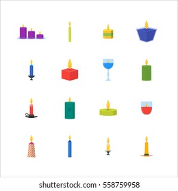 Cartoon Different Color Candles Set for Celebration, Church, Romantic and Relax Modern Flat Design Style. Vector illustration