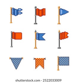 Conjunto de ícones de sinalizadores pixelados de cores diferentes do desenho animado. Ilustração vetorial do ícone de bandeira ondulada para o jogo ou a festa de aniversário