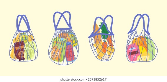 Cartoon Different Color Shopping String Bags with Products Set Grocery Concept Flat Design Style Include of Bakery, Juice, Cheese and Fruit. Vector illustration