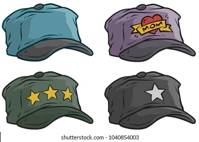 Cartoon different colorful cap or hat with stars and heart. Vector icon set.