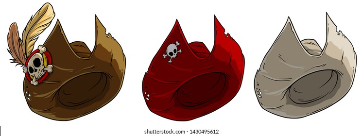 Cartoon different colorful pirate hat with skull badge and feathers. Isolated on white background. Vector icon set.