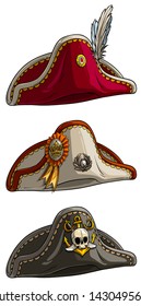 Cartoon different colorful tricorne pirate hat with skull badge, crown, anchor and feathers. Isolated on white background. Vector icon set.