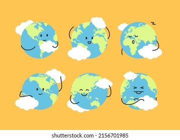 Cartoon Different Cute Globe Earth Characters Set Ecology Concept Flat Design Style. Vector illustration of Mascot