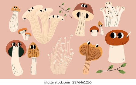 Cartoon different edible mushrooms characters set. Vector hand draw illustration.