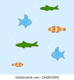Dibujo de diferentes peces de fondo azul. Ilustración del vector
