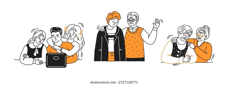 Cartoon of different generations interacting happily. Family moments in bold colors. Relates to communication and connection across age groups. Minimalist style.