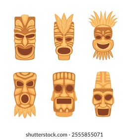 Cartoon Different Gold Tiki Totem Mask Set Tribal Traditional Ritual Totem Concept Flat Design Style. Vector illustration