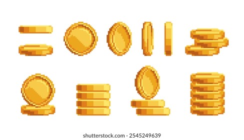 Desenho Animado Diferente Golden Coin Set Pixel Art Conceito Estilo Design Plano. Ilustração vetorial das moedas de ouro pixeladas